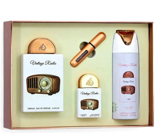 Set cadou Lattafa Vintage Radio – Parfum 100 ml + 20 ml + Deodorant 200 ml