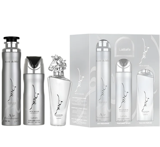 Set Cadou Lattafa Maahir Legacy EDP 100 ml + Spray 200 ml + 300 ml Air Freshener