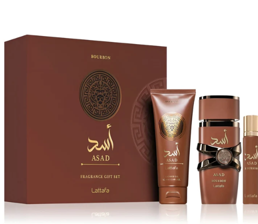 Set cadou Lattafa Asad Bourbon 3 PCS 100 ml + 12 ml + Gel de Dus