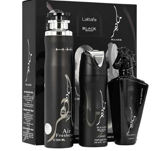 Set cadou Lattafa Maahir Black 100 ml EDP Spray + 200 ml Spray + 300 ml Air Freshener